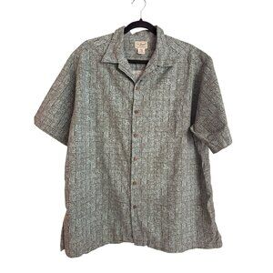L.L.Bean Mens Short-Sleeve Button-Up Shirt Large Cotton Green Hawaiian Tiki Camp